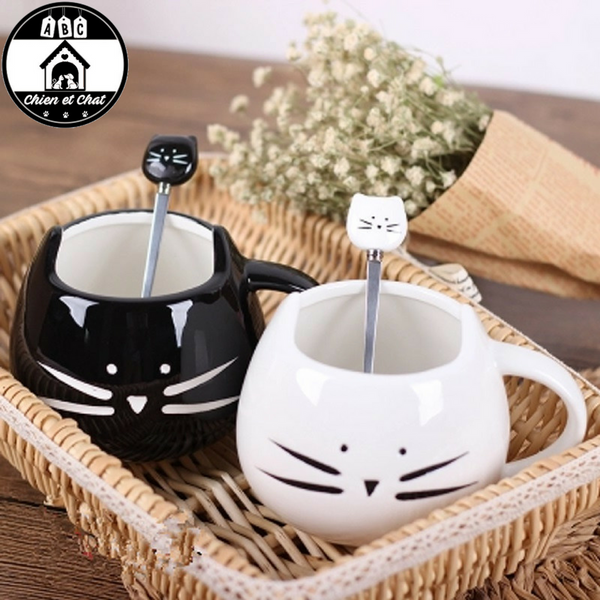 mug chat avec cuillère tasse tête de chat mug en forme de chat vaisselle chat tasse et cuillère chat tasse et cuillère tasse en céramique tasse chat en céramique tasse a thé chat tasse a café chat tasse a café porcelaine chat mug chat mug cadeau chat bol chat
