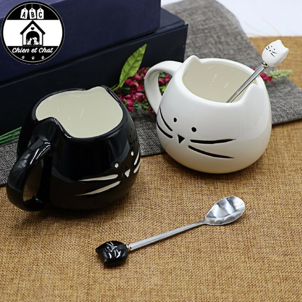 mug chat avec cuillère tasse tête de chat mug en forme de chat vaisselle chat tasse et cuillère chat tasse et cuillère tasse en céramique tasse chat en céramique tasse a thé chat tasse a café chat tasse a café porcelaine chat mug chat mug cadeau chat bol chat