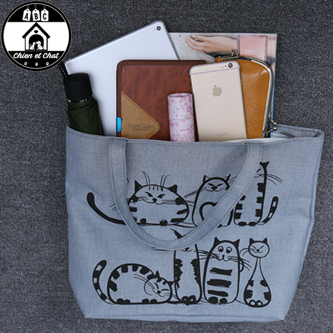 Sac Fourre-tout Chat Noir - Toile Fleurie 42cm X 34cm - Livraison Rapide