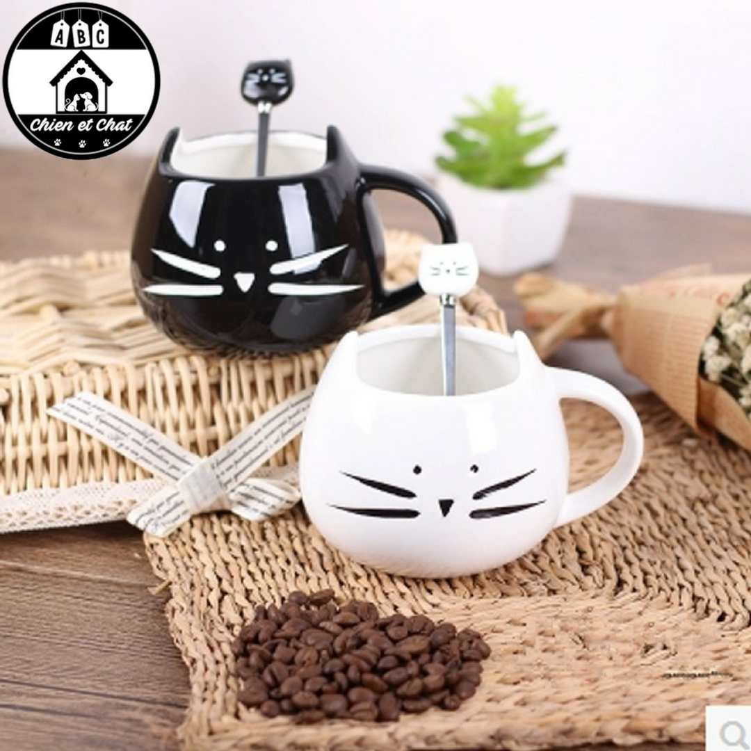Tasse Chat Avec Cuillère – Céramique Blanche Et Rose – 11,69 Oz – Old East Main Co