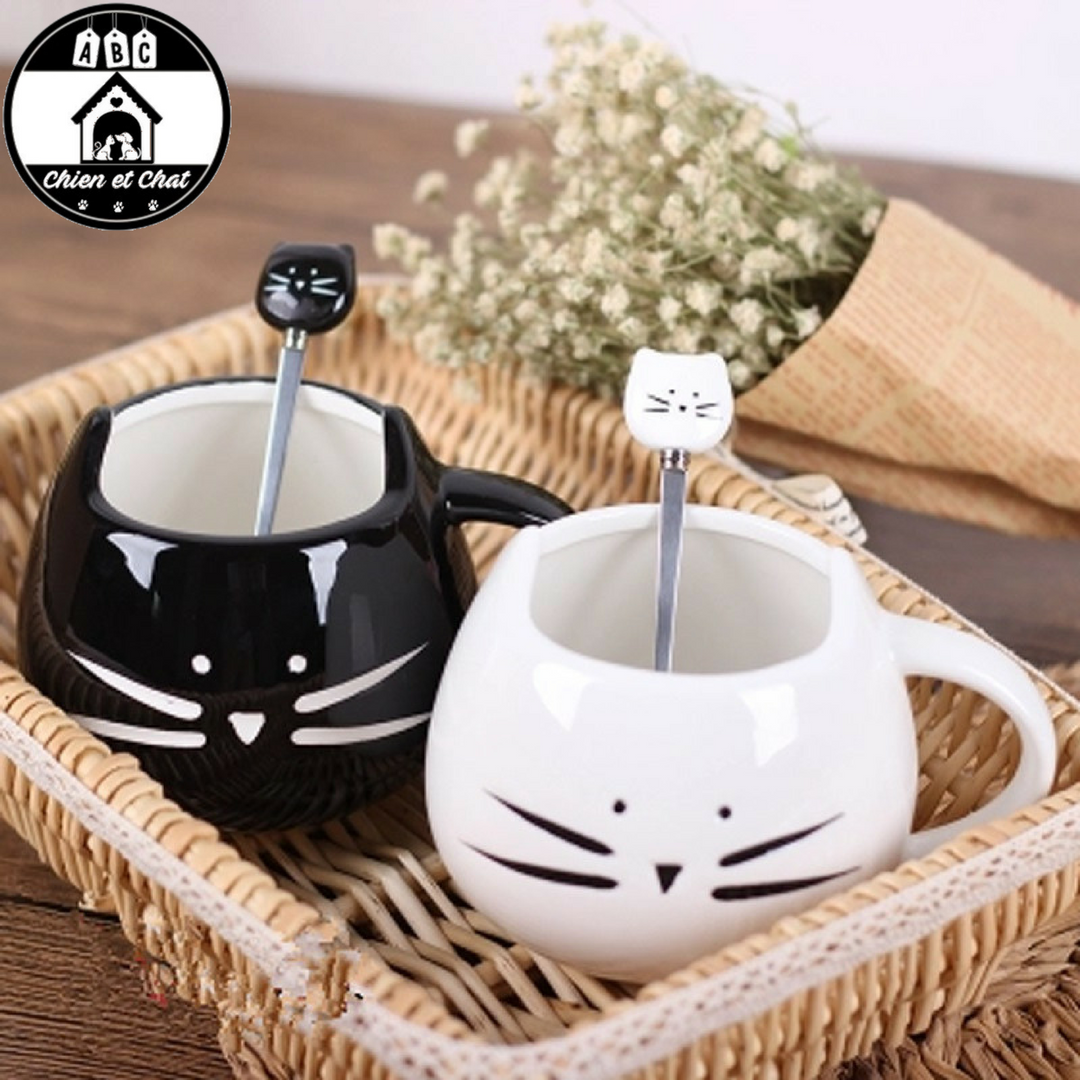 Mug à Thé Avec Infuseur - Motif Chats - Porcelaine Blanche - NEUF